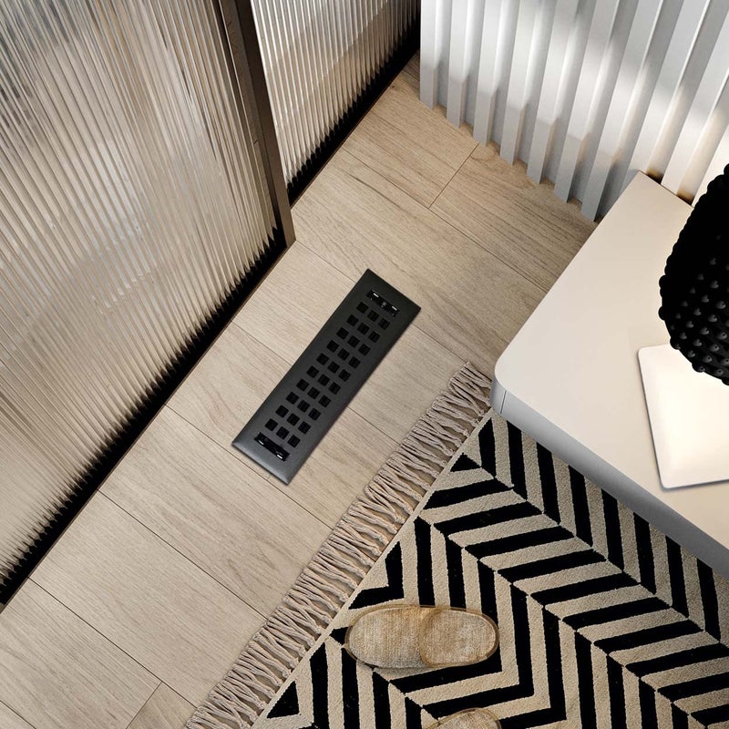 Empire Register Co، غطاء فتحة التهوية - 2 × 10 بوصة، تصميم مربع، لمسة نهائية سوداء مزخرفة، أغطية فتحات تهوية أرضية شديدة التحمل، مخمد معدني مرفق. أغطية فتحات التهوية للأرضيات المنزلية فقط. - Image 5